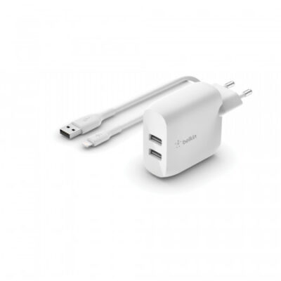 CARICABATTERIE 2 PORTE USB-A + CAVO DA USB-A A LIGHTNING 1M – BIANCO