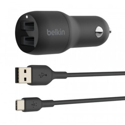 CARICABATTERIE AUTO DUE PORTE USB-A + CAVO USB-A A USB-C 1M – NERO